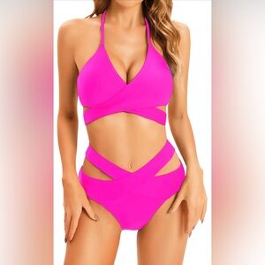 Holipick Two Piece High Waisted Push Up Swimsuit Halter Wrap Criss Cross